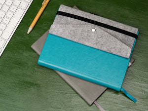 The Classic Paper Saver Reusable Notebook in Ocean Teal with the Paper Saver Organiser so you can reuse paper easily while staying organised with a pencil case, card and document holders.