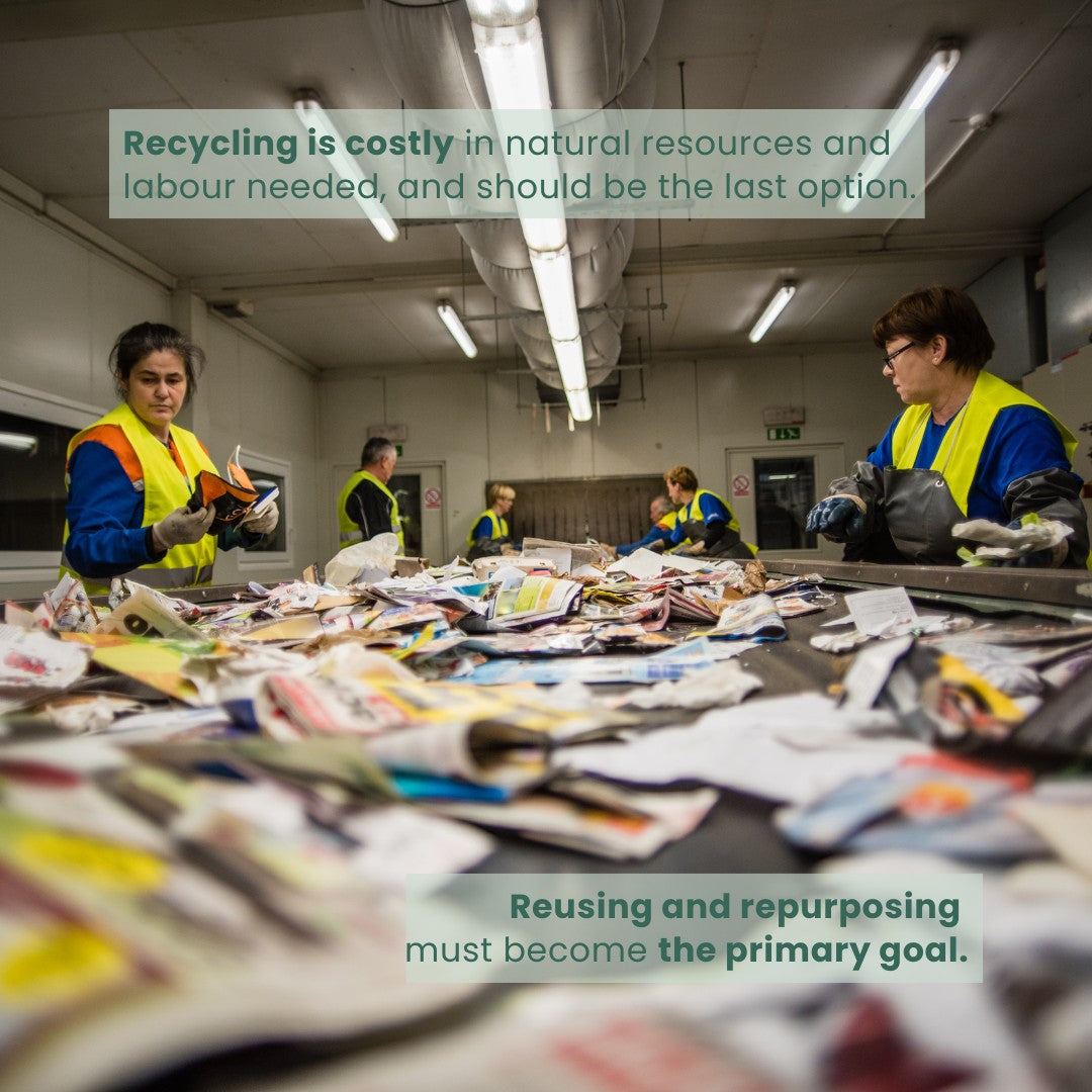 Recycling paper is a costly process in natural resources and labour needed. Reusing and repurposing must become the primary goal.