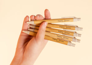 The Paper Saver Reusable Eco Pens are made of bamboo for durability and sustainability, and are refillable for reuse again and again. No more wasted single-use plastic pens!