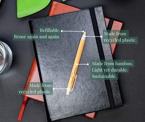 The Paper Saver Reusable Pen is made of bamboo which is light, durable, and sustainable. It is also refillable so you can stop throwing disposable plastic pens into landfill and reuse again and again.